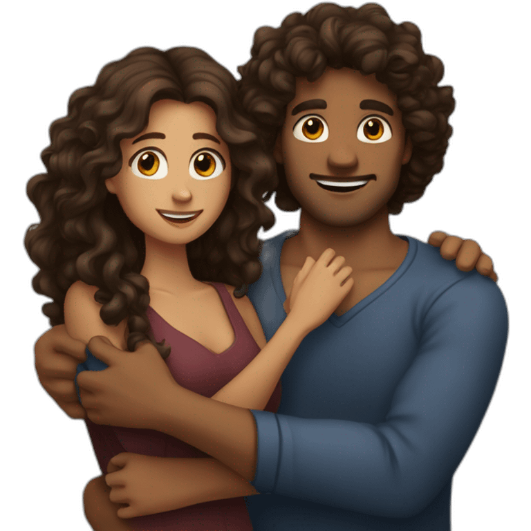 Hug between brown guy with dark hair and a long curly brown hair woman emoji