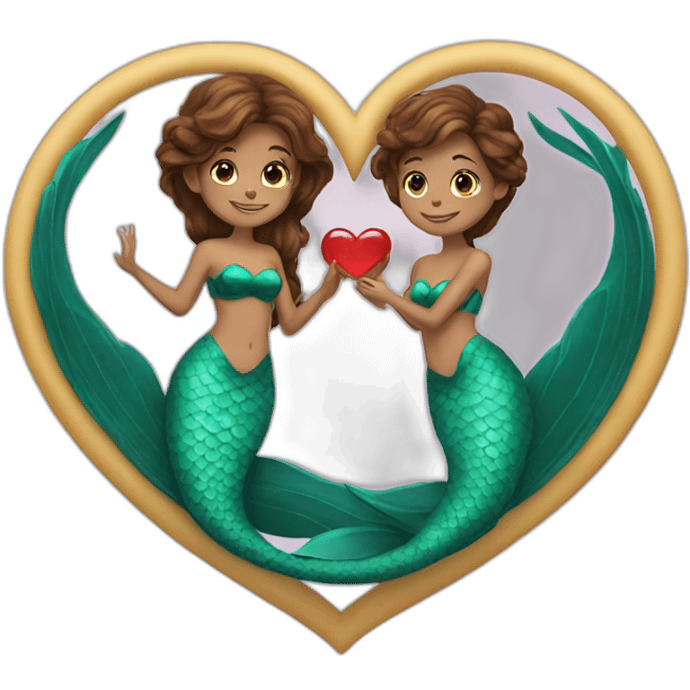 Two brown haired mermaids with their tails formed into a heart emoji