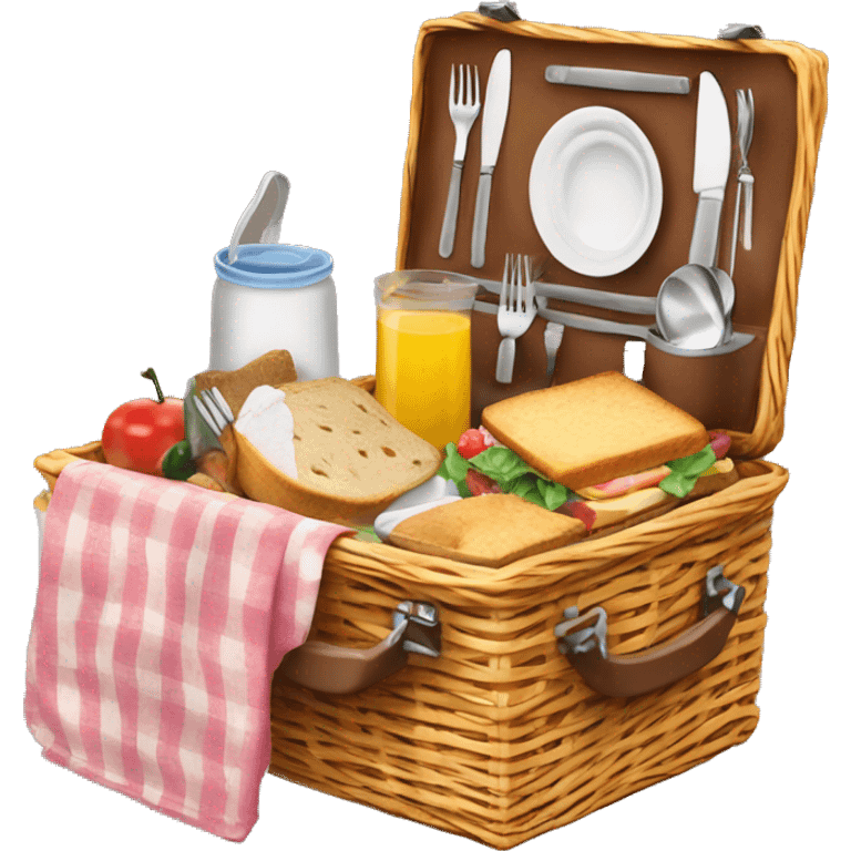 Realistic picnic lunch basket with lid open and food and dishes Packed inside   emoji