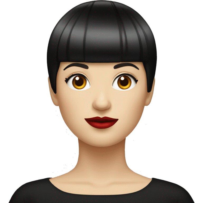 And adult white woman with a black bowl cut haircut and red lips emoji