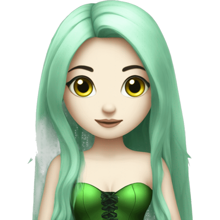 Fairy with long black hair pale skin deep green eyes green wings and green corset emoji