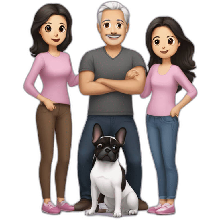 Family-with-father-without-mustache-mum-with-grey-hair-two-brunettes-daughters-with-long-hair-and-just-one-black-French-bulldog emoji