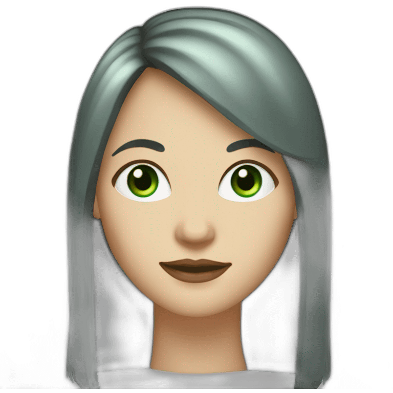 40 year old white woman with green eyes and long dark hair and a fringe and oval shape face emoji