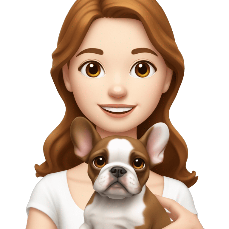 pale white skinned girl with medium chestnut wavy hair holding a brown and white french bulldog puppy  emoji