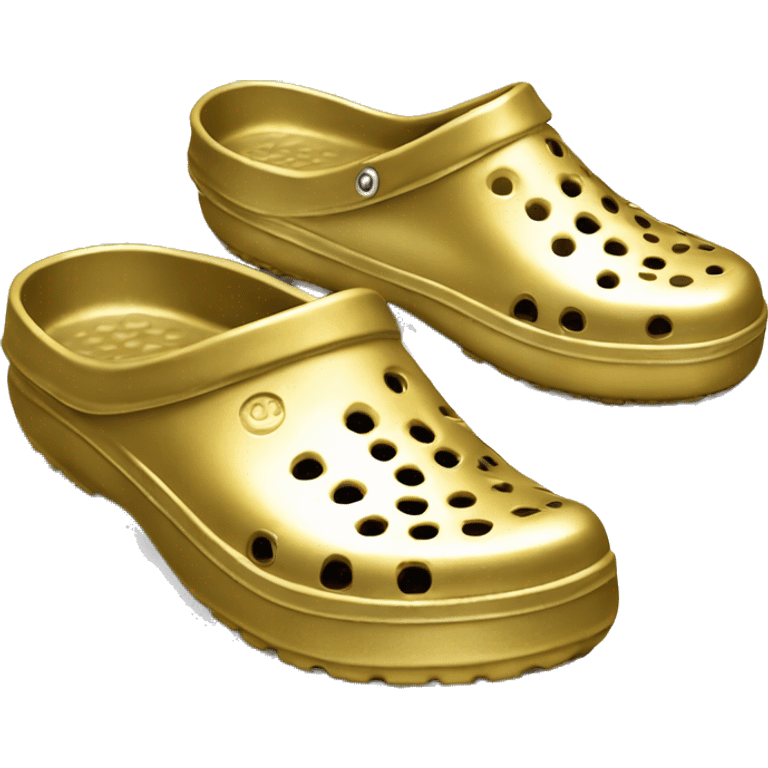 Realistic metallic gold and colorful pair of crocs shoes isolated.  emoji