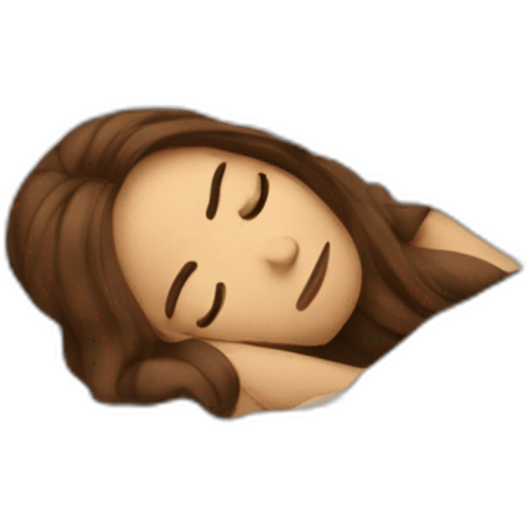 Woman with long brown hair in bed with white sheets sick emoji