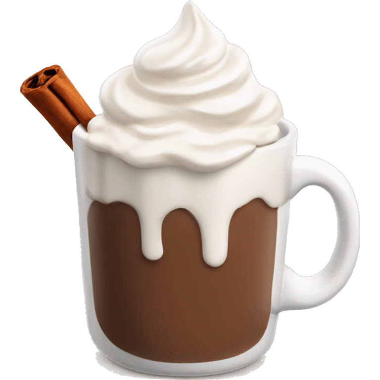 white mug of hot chocolate with whipped cream and cinnamon emoji