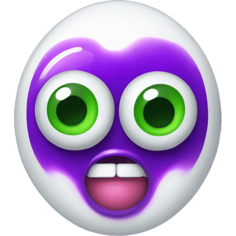 Pill capsule that is half green half purple with crazy eyes and frothing mouth emoji