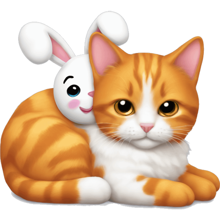 Orange cat holding stuffed animal white bunny for bed emoji