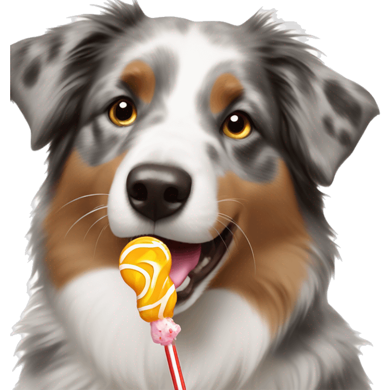 Australian shepherd eating a lollypop emoji