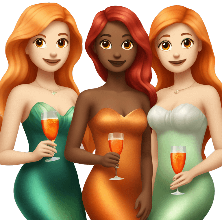 Three beautiful mermaids (one blond, one brown and one red hair) drinking aperol emoji