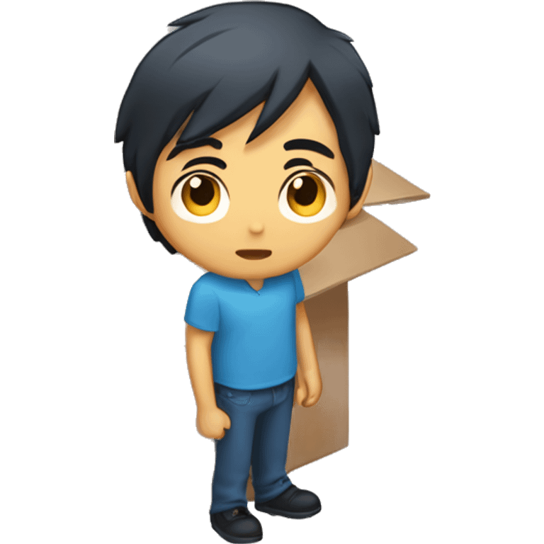 Asian man in blue shirt, dark medium length  hair, hiding in a shipping box emoji