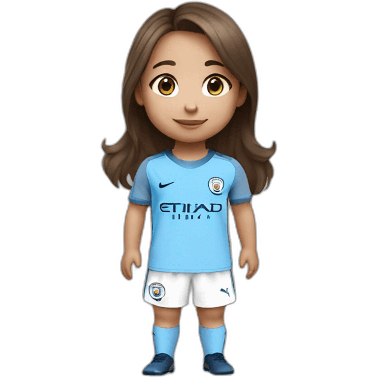 2 year old girl with long brown hair and eyes wearing Manchester City football shirt emoji