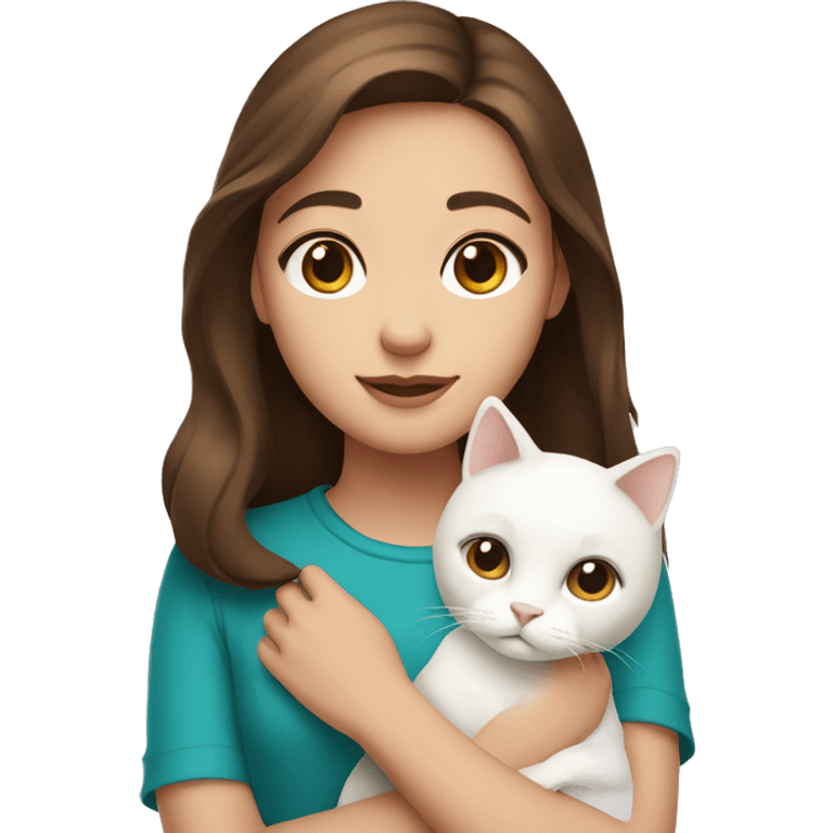 Girl with brown eyes and brown hair holding a white cat  emoji