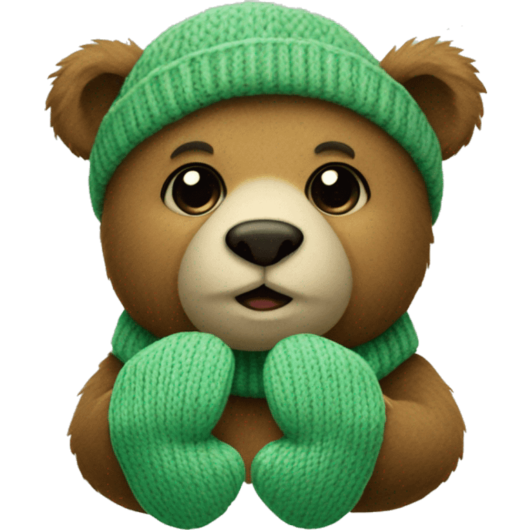 Bear sitting with knitted Sage green mittens emoji