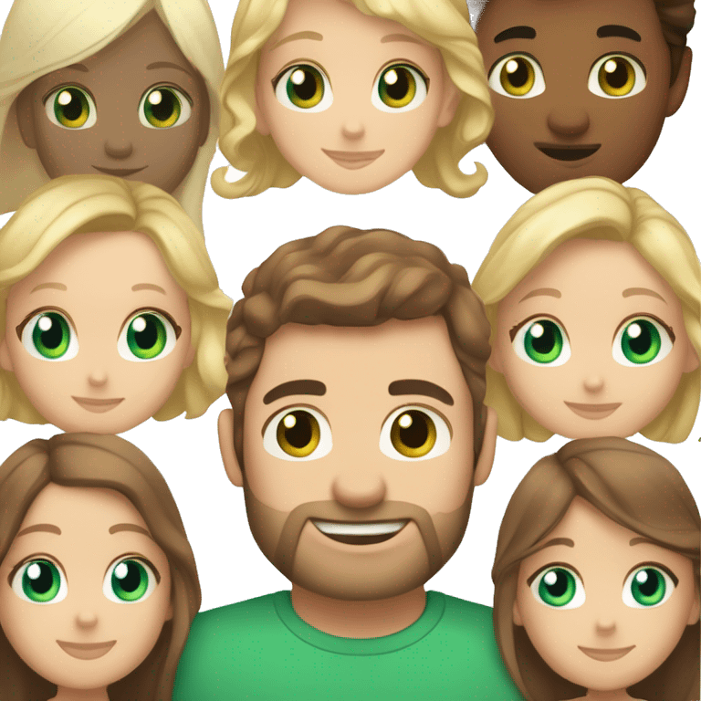 Brown hair green eyed husband holding brown hair brown eyed wife with two kids one blonde girl with blue eyes and a toddler boy with brown hair and brown eyes emoji