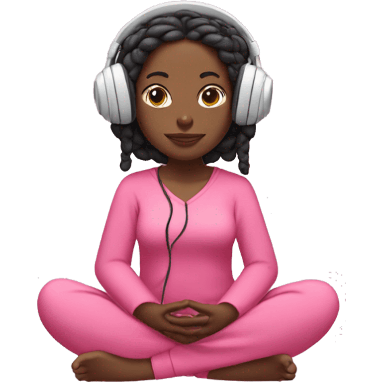 Black girl meditating with braids as hair wearing headphones pink clothes on emoji