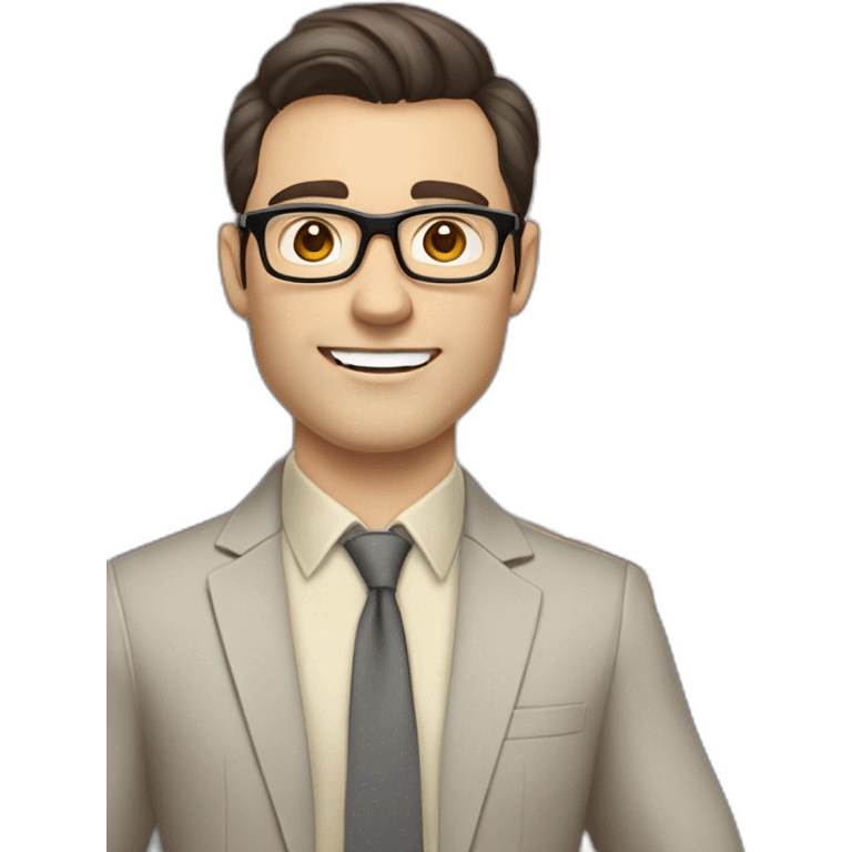 Pale skinned fit man with dark brown hair in gray jacket, beige office shirt, brown tie, brown pants and vintage glasses Writing text on a marker board emoji