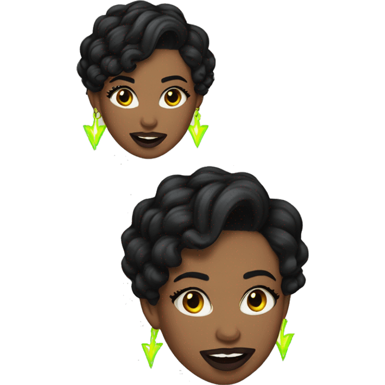 woman with short, wavy black hair, dark brown eyes and long eyelashes, wearing neon lightning bolt earrings with a tongue piercing and a black top emoji