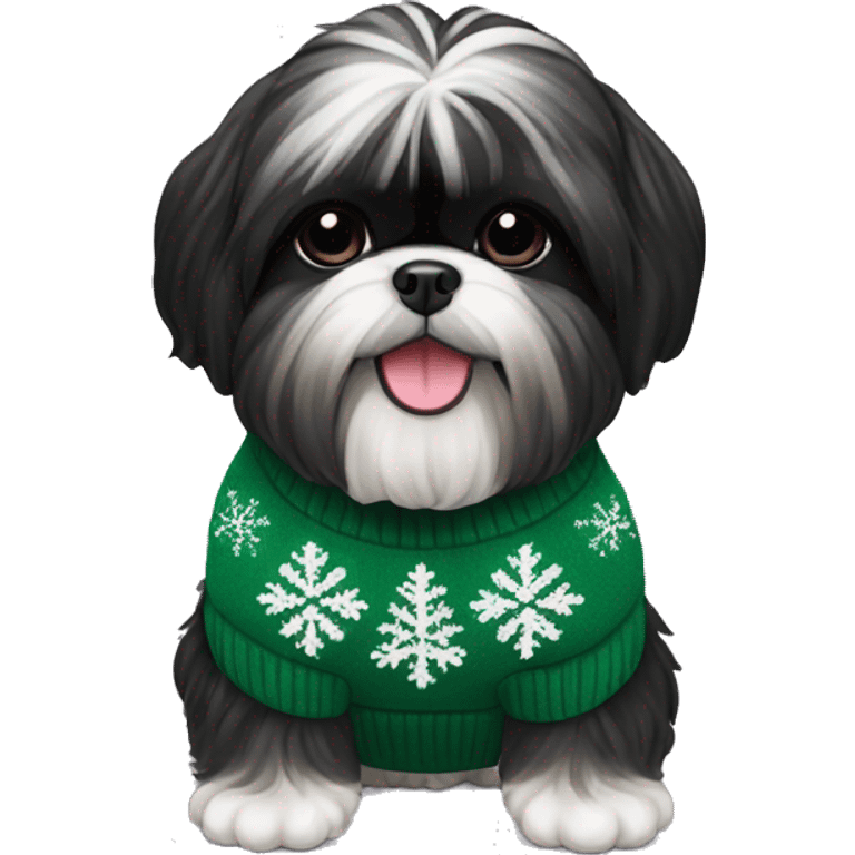 Black Shih Tzu wearing Christmas sweater emoji