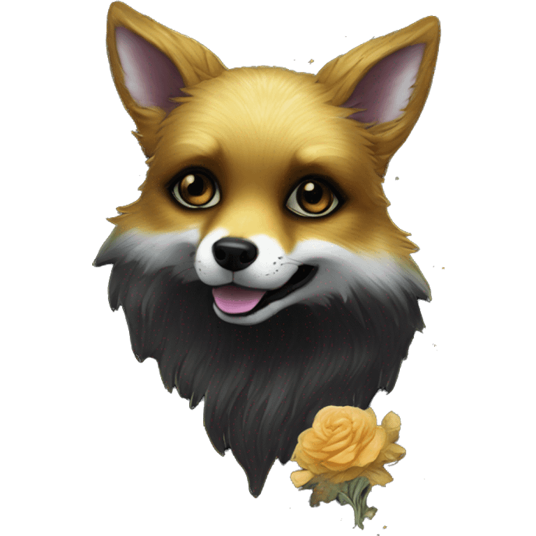 Black iridescent fluffy dog fox head zombie skeleton gold mechanical nebula galaxy stars flowers fairy lights vintage emoji