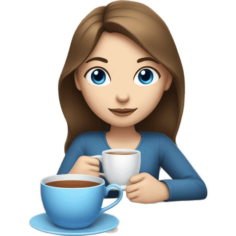 Girl with white skin, brown hair, and blue eyes sipping tea emoji