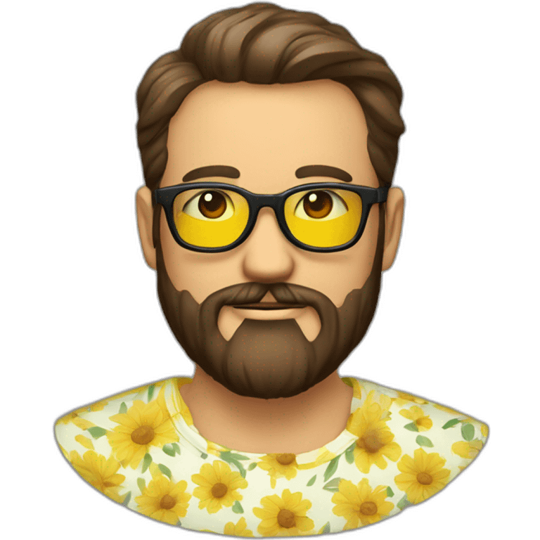 Homme brun lunettes et barbe avec une chemise jaune a fleurs emoji