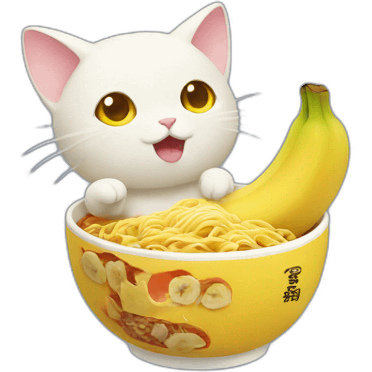 A banana cat, eating Ramen emoji