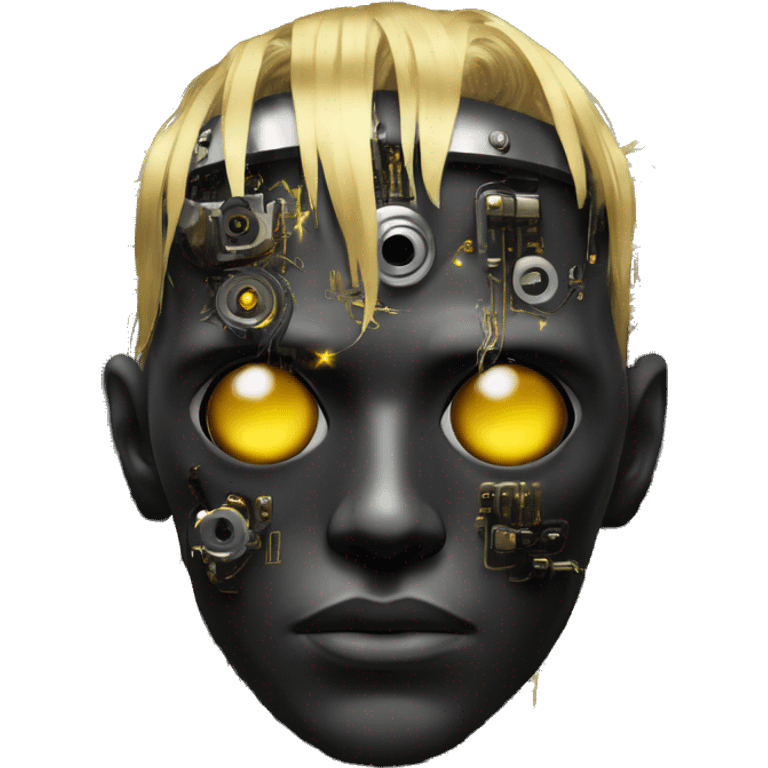 black metal male cyborg head with artificial eyeball, circuitry and wispy yellow gold hair emoji