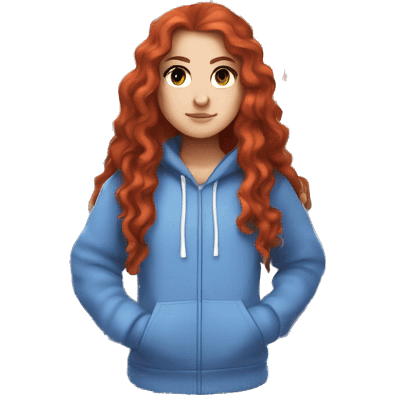 a white girl with long red curly hair, wearing periwinkle Minecraft hoodie playing a videogame emoji