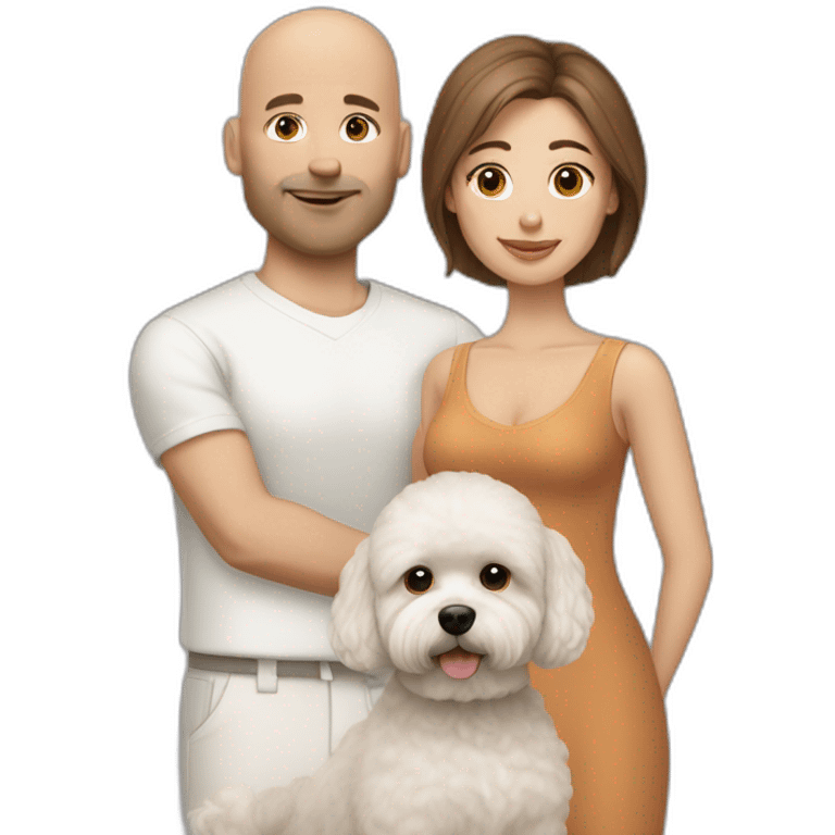 a bald man and long brown straight haired woman with white maltipoo emoji