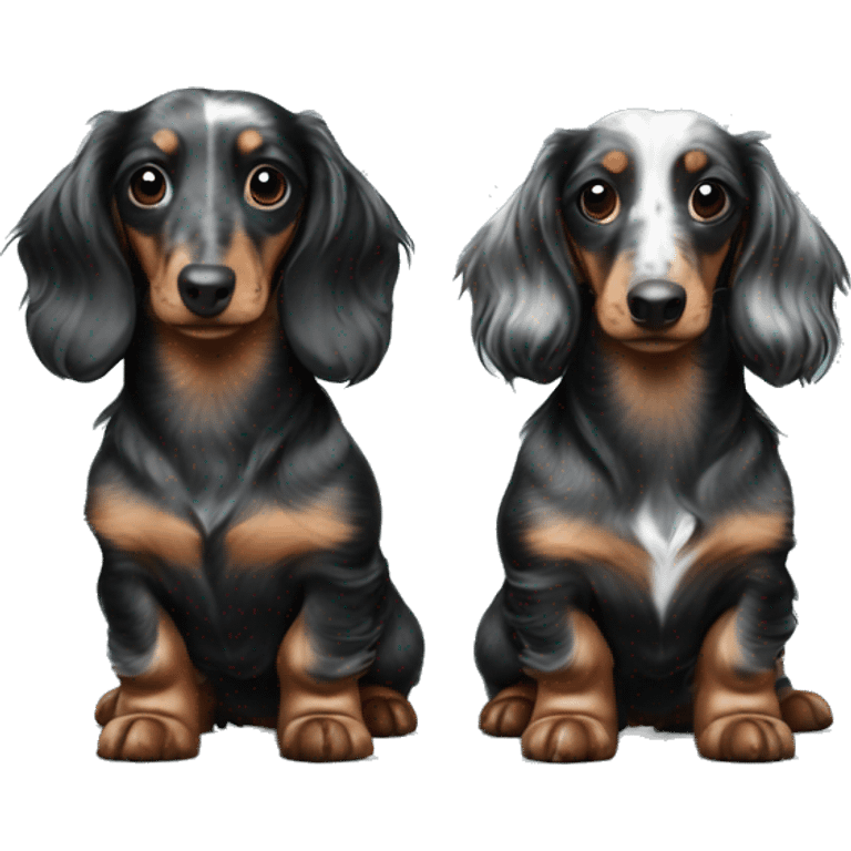 Two identical tri black merle long hair dachshunds together  emoji