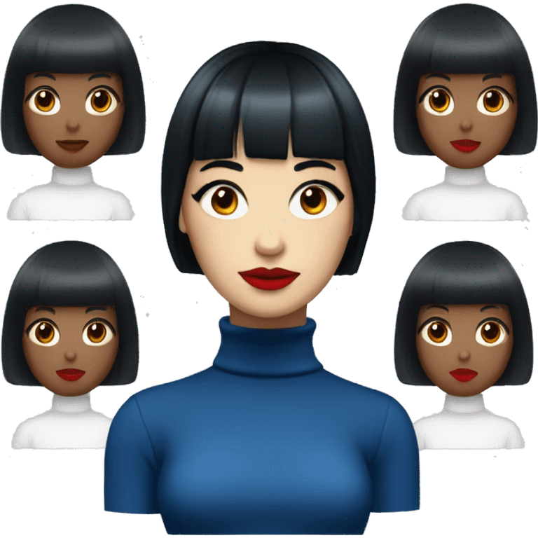 Girl with medium black blue hair and bangs, red lips, wearing a white turtleneck emoji