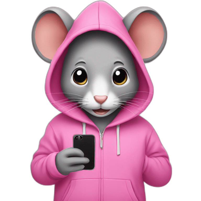 grey mouse wearing a pink hoodie with Iphone emoji