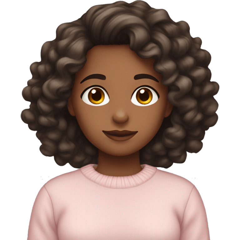 Girl with dark brown wavy curlyish hair wearing a light pink sweater emoji