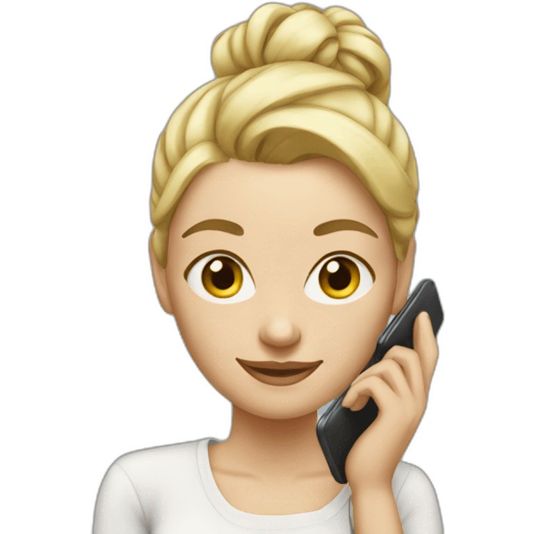 women white with blonde hair tied up in a bun with phone emoji