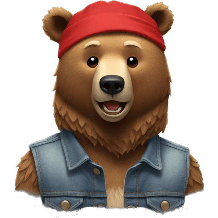 grizzly bear wearing sleeveless jean jacket and red headband with open mouth emoji