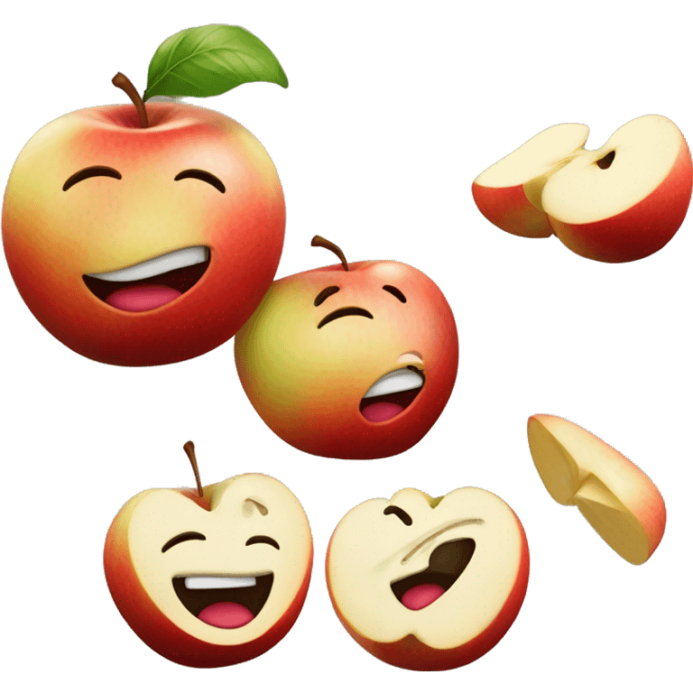 Pomme avec un sourire qui fume et fait signe de allo de la main. Un vers sort de la pomme emoji