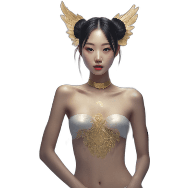 Korean girl-,-david-bellemere,-bare-belly, -wings,-choker,-bathed-in-shadows,-fov-90-degrees,-short-lighting,-I-usm,-cold-colors,-gilded-technique,-extremely-hyper-aesthetic, -absurdres emoji