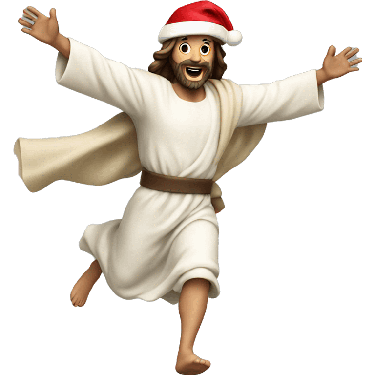 Jesus running, with a large stride and arms outstretched, santa hat emoji