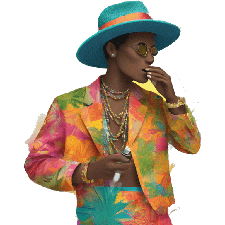 Person vaping wearing a colourful vibrant tropical patchwork of intricate vintage patterns, vape emoji