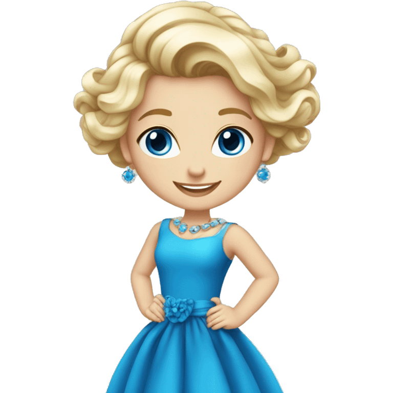 girl with earrings and jewelry, Eroupean, Blonde hair, white skin, blue dress happy blue eyes, emoji