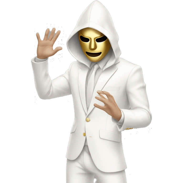 White suit white hood Guy with gold Mask raising his right hand and looking down emoji