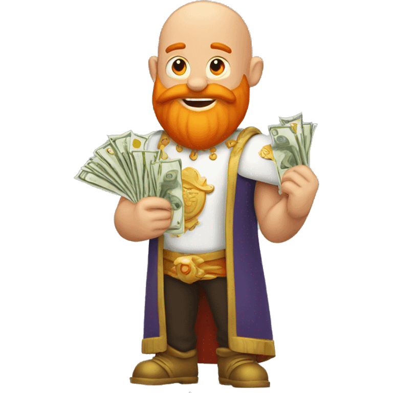 Bald man with a big orange beard wearing a crown as and holding money in his hand emoji