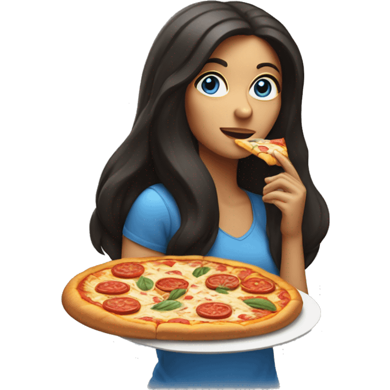 Woman with long dark hair and blue eyes eating pizza  emoji