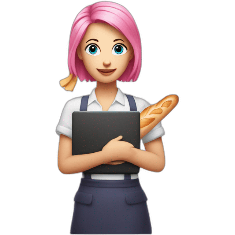 lady with pink Hair and Blue eyes holding a baguette and a laptop emoji