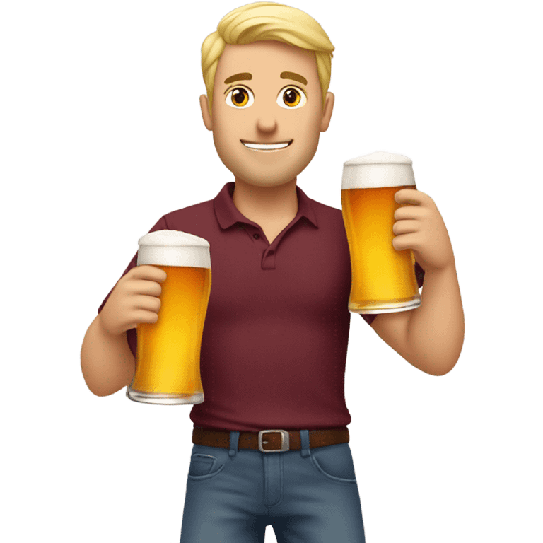 Blonde guy in maroon shirt holding two big beers emoji