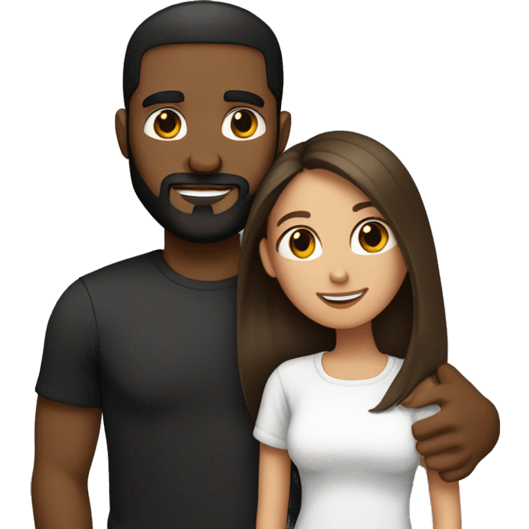 light skin woman with very long straight brown hair hugging black man with very short dark hair and a long dark beard wearing a white tshirt emoji