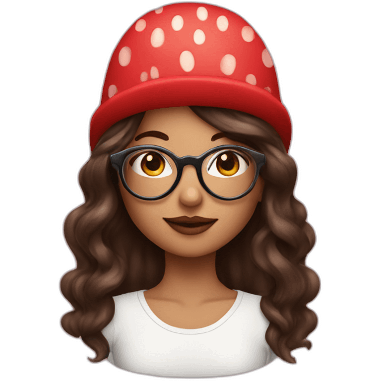 Brunette girl with circle glasses and long wolf cut hair and strawberry hat emoji