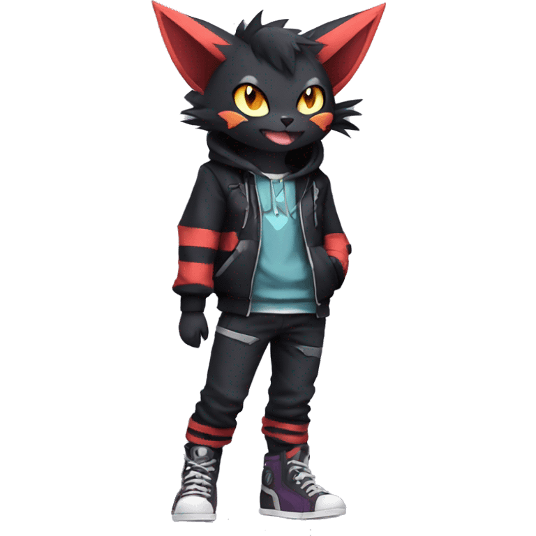 Cool Anthro Black Noibat-Quilava-Litten-Pokémon with edgy stripes hoodie spiked collar punk Full Body emoji